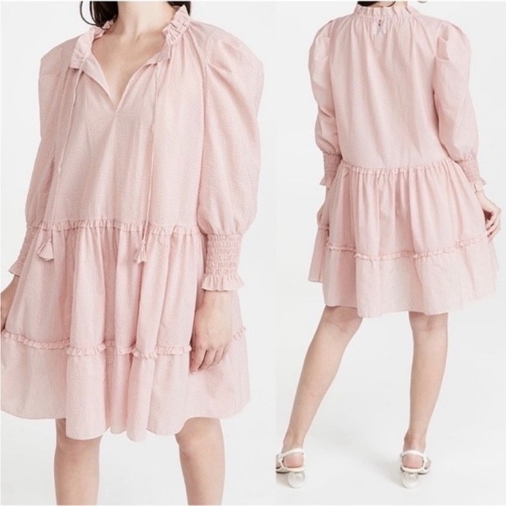 MISA Los Angeles Maya Puff Sleeve Pink Sunrise Stripe Mini Dress Size S NWT